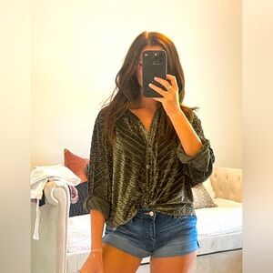 Green velvet herringbone blouse